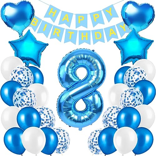 8er Anniversaire Foil Ballons,Happy Birthday Bannières bleu Kit,Numéro 8 ballons Fête Grands Géants,pour Décoration Fête à Thème Célébrations