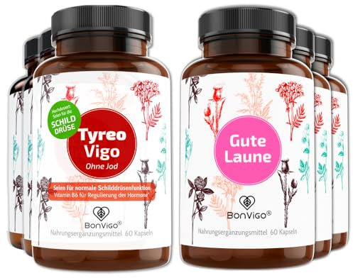 BonVigo® Power Pack 6 Dosen - 3x SCHILDDRÜSE / 3x GUTE LAUNE Ideale Ergänzung - Es tragen bei zu normaler Funktion von Schilddrüse und Immunsystem: Selen; Psyche und Nervensystem: Vitamin B6