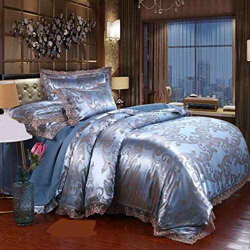 Beyeutao Set di biancheria da letto king con copripiumino jacquard in pizzo jacquard blu satinato con motivo cachemire damascato, 3 pezzi, set di biancheria da letto con federe.