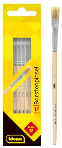 Idena 90098 - Borstenpinsel, Größe 12, mit unlackiertem Holzstiel, 12er Set, Malpinsel für Schulkinder Hobbykünstler