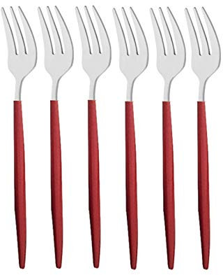 6 stücke Tee Gabel Geschirr Set Edelstahl Kleine Obstgabel Geschirr Setting Set Gold Cake Snack Gold Salat Gabel Flatware Set essgeschirr (Color : Red Silver)