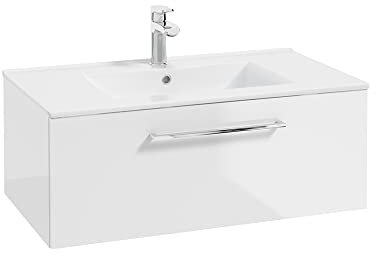 Lomadox Waschtisch, 80 cm breit, in weiß Hochglanz lackiert mit Metallgriff in Chrom und Keramikwaschbecken, B/H/T ca. 80/32/46 cm