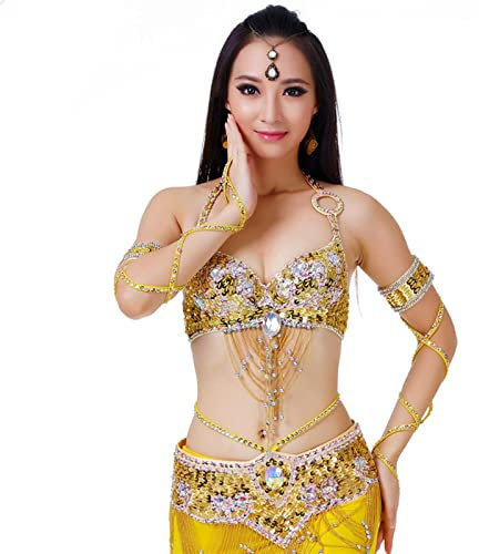 MQQYLBHDS Frauen Bauchtanz Top BH Perlen Gürtel 2 Stück Bauchtanz Kostüm Outfit Set BHs Gürtel Damen (Farbe: Gold, Größe: M)