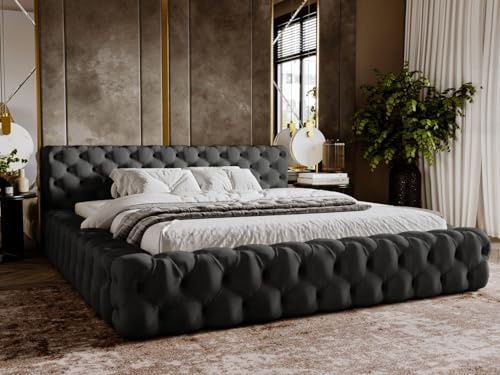 GRAINGOLD Palini Bett 180x200, Polsterbett mit Bettkasten, Polsterbett mit Stauraum, Samt, mit Lattenrost, mit Kopfteil, ohne Matratze (Schwarz, 180x200)