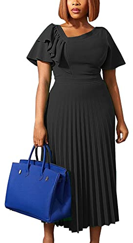 AOMEI Women's Black Short Sleeve Asymmetrical Ruffles High Waist Pleated Hem Midi Spring Dress (1XL,X-Large)