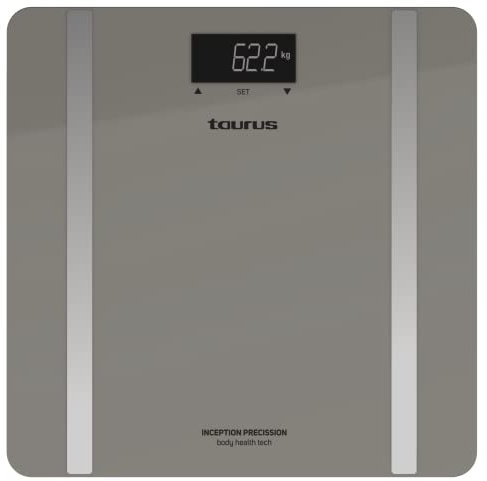 Taurus Inception Precission - Báscula de baño inteligente, calcula el porcentaje de grasa y agua corporal, memoria para 10 usuarios, pantalla LCD, cristal templado, peso máx 180kg, precisión 0,1kg
