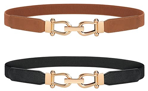 JASGOOD 2 Pack Women Stretchy Waist Belt Retro Elastic Skinny Belt for Ladies with Gold Buckle
