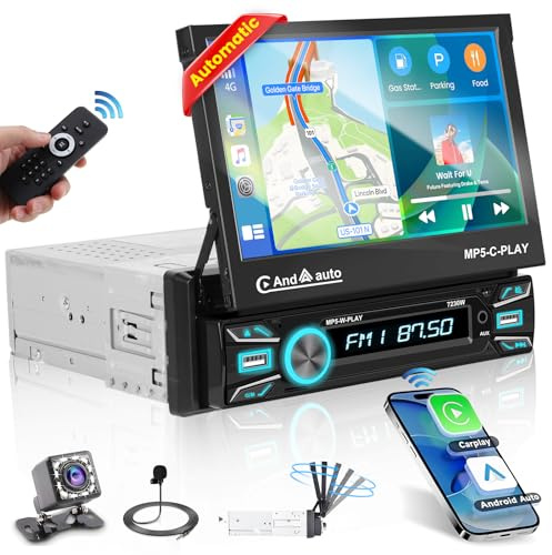 Hikity Carplay Autoradio Bluetooth 1 Din Écran Tactil Retractable Automatique 7 Pouces Auto Radio Lecteur MP5 avec Bluetooth Mains Libres Android Auto AUX USB FM Mirror Link SWC Caméra de Recul