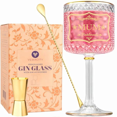 VEMACITY Bicchieri da Gin Tonic Personalizzato con Bordi Dorati e Scritta MUM – Bicchiere da 700 ml con Cucchiaio da Cocktail Dorato e Misurino | PDF Ricette | Ideale per Natale e Capodanno