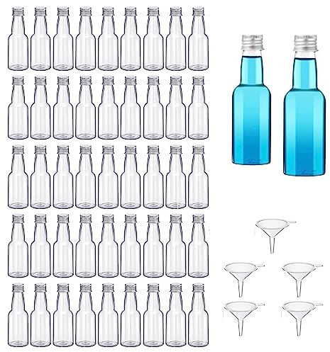 DAJAVE Petits flacons de liqueur de 60 ml à remplir, mini bouteilles en plastique, bouteilles de genièvre avec entonnoir et bouchon à vis - 50 pièces