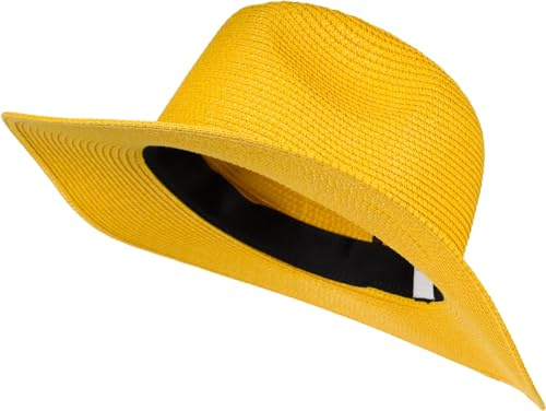 styleBREAKER Damen Panama Sonnenhut aus Papierstroh | Faltbarer Knautschhut mit breiter Krempe | Sommer Fedora Hut für Strand und Festival, Farbe:Gelb
