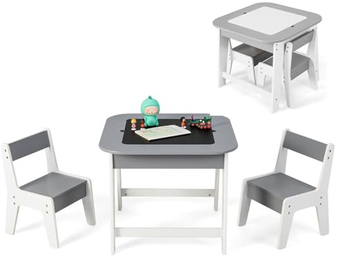 Maxmass Kids Table and Chair Set, Wooden Activity Play Table with Double-sided Tabletop & Hidden Storage Space, 3 Pieces Toddler Drawing Table for Writing, Learning, Playing (Gray + White)