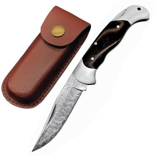 LIUS GROUP Couteau de poche Damas de qualité supérieure - Couteau pliant - Petit couteau d'extérieur - Couteau de survie - Couteau de chasse - Manche en ébène - Couteau en acier damassé - Outil à main