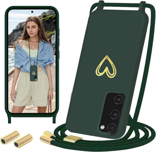Sebor Handykette für Samsung Galaxy S20 FE 4G/5G Hülle mit Band, Silikon Handyhülle mit Kette Gold Herz Muster Necklace Schutzhülle Stoßfest mit Abnehmbar Kordel zum Umhängen für Samsung S20 FE, Grün