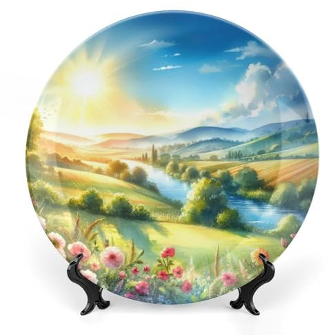 Decorative Plates for Wall Hanging, Sunrise Mountain River & Flower Ceramic Plate, Summer Nature Landscape Wobble-Plate w/ Display Stand, Home Decor for Kitchen Cabinets, Farmhouse Round Tray 10 Inch