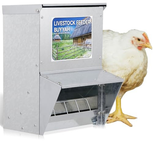 BUYYAH Automatischer Futterspender für Hühner, 13,6 kg Kapazität, verzinktes Metall, kein Abfall, wasserdicht, geeignet für Geflügel, Gänse, Wachteln, Bantams, Enten und Truthahn
