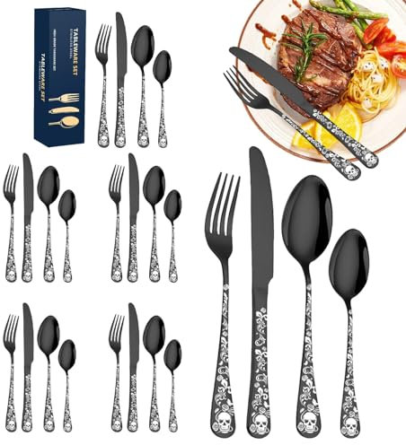Buntes Besteck – Edelstahl-Besteck-Set, Camping-Besteck-Set | Spülmaschinenfeste, tragbare Küchengabeln und -löffel, Essutensilien für den Außenbereich, Totenkopf-Muster, für Zuhause, Camping, Outdoor