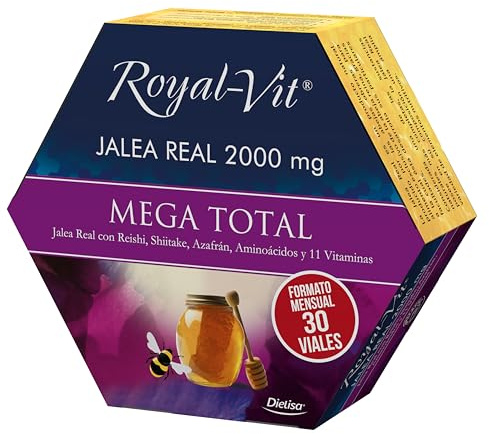 Dielisa, Royal Vit, Jalea Real 2000mg Mega Total, Complemento Alimenticio con 2000mg Jalea Real con Reishi y Shiitake, Refuerza el sistema Inmunológico, Formato mensual - 30 viales
