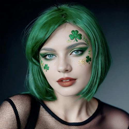 BUYOGET Grüner Bob Perücke mit Fransen 12 Zoll kurz gerade Kostüm Perücken für Frauen Cosplay Party Halloween