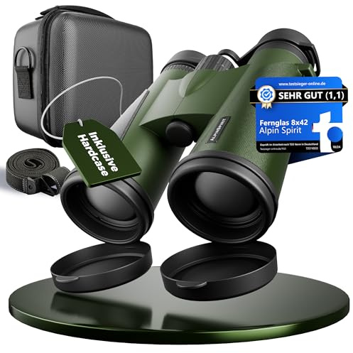 AlpinSpirit© Fernglas 8x42 inkl. Hardcase & Zubehör (Testsieger) – geeignet für Brillenträger - kompaktes & leichtes Fernglas - wasserabweisend,FMC Linse+BAK4, Binocular für Kinder & Erwachsene(grün)