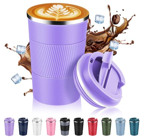Volhoply Tasse à café de voyage isotherme en acier inoxydable de 390 ml avec couvercle à rabat, tasse à café réutilisable à double paroi sous vide, portable pour boissons chaudes et froides (violet,