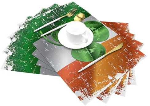 Irish Flags and Four Leaf Clovers St Patricks Day PVC Woven Placemats, Anti-Stain and Oil-Proof Heat-Resistant Dinner Plate Mats, Kitchen Table Gathering Holiday Party Decorations.