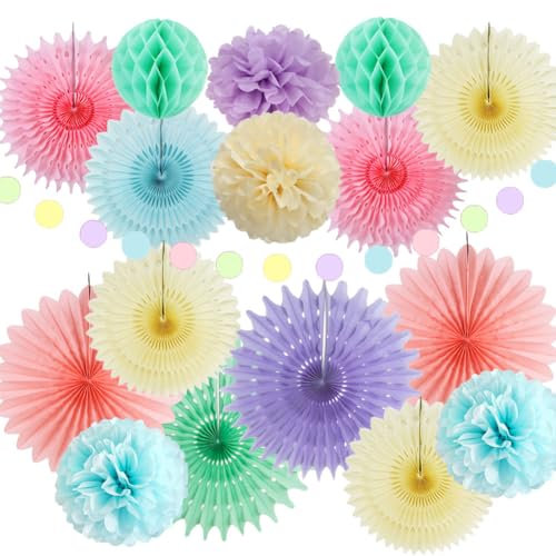 Pastel Party Decorations Rainbow Paper Fans Decorations Light Pink Yellow Blue Purple Tissue Paper Pom Poms Honeycomb Balls for Pastel Hen Birthday Bridal Baby Shower Colorful Ice Cream Party Decor