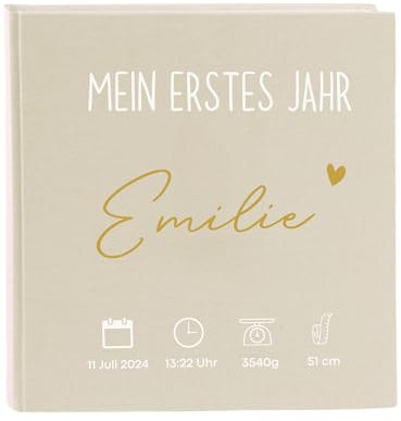 Personalisiertes Fotoalbum - Mein erstes Jahr, Babyalbum, Geschenk zur Geburt, Weihnachten, Taufe - Meilensteine (Grau, 30cmx31cm (100 Seiten))