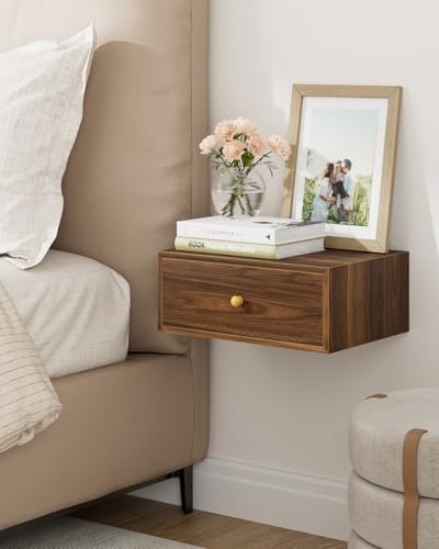 HEYZOEY Mesita de Noche Flotante, Estantería Flotante con cajón, Mesa de Noche de Pared, Mesa Auxiliar Flotante para Dormitorio y salón, Nogal