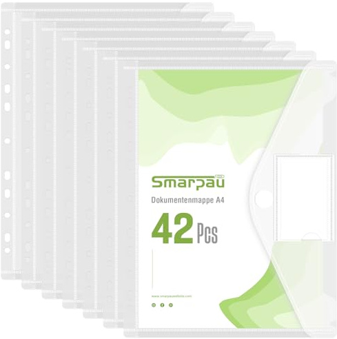 Smarpau Dokumentenmappe A4 42 Stück, Dokumententasche A4 zum Abheften | Transparente Mappen mit 11 Lochrand &Klettverschluss, Wasserdicht Sammelmappen für Dokumente Organisieren
