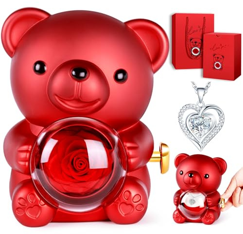 goldmiky Ewige Rosen Bär Geschenkbox mit Halskette, Ewige Rose mit Kette | Rosen Teddybär für Frauen, Freundin Jahrestag, Geburtstag, Thanksgiving, Valentinstag, Weihnachten, Schulanfang
