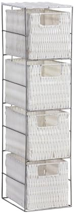 Home Source Bathroom Chest of Drawers, 4 White Seagrass Storage Baskets, Silver Metal Frame, 65cm