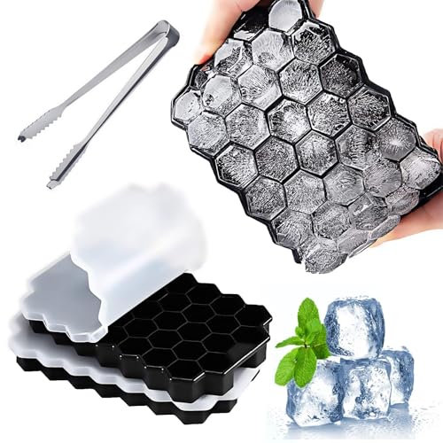 Bandeja de cubitos de hielo de silicona con tapa – Juego 2 moldes panal reutilizables, fácil de desmoldar, con pinza – Molde para cubitos de hielo, cócteles, bebidas, papillas