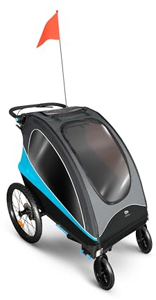 Kinderkraft NAVA 3 in 1, Rimorchio per bambini, Passeggino, Jogger, Carrozzina, Rimorchio per bicicletta, per uno o due bambini, 2x22 kg, Parapioggia, Protezione dagli insetti, Blu