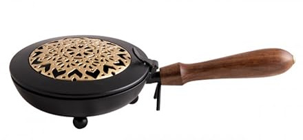 Räucherpfanne Mandala Eisen 24,5 cm Weihrauchbrenner Tragegefäß Holzgriff | Goldfarbener Eisendeckel & Holzgriff | Zum sicheren Tragen | 24,5 cm