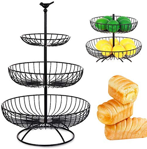 3 Tier Fruit Basket for Kitchen Countertop Detachable Bread Basket Holder Fruit Tray and Vegetable Snack Storage Kitchen (Black)
