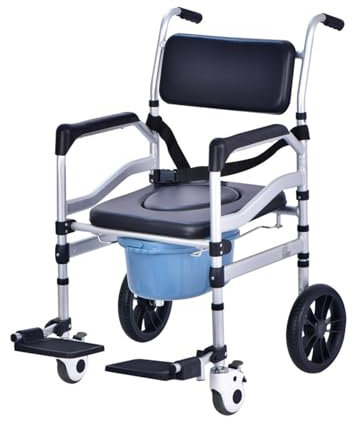 GHCCDAM Fahrbarer Toilettenstuhl Für Senioren, Eimer/Deckel/Spritzschutz, Duschstuhl Mit Rollen Klappbar, Faltbarer Multifunktions-Rolltransportstuhl, Für Behinderte Ältere Menschen