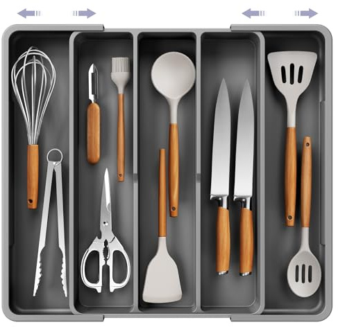 Kitsure Large Cutlery Tray Drawer Organiser, Adjustable Kitchen Accessories | 5 Compartments, Ideal for Kitchen Storage Organisation, Home Apartment Essentials, Black, 34.6 x 3.6 x 28.0~50.5 cm