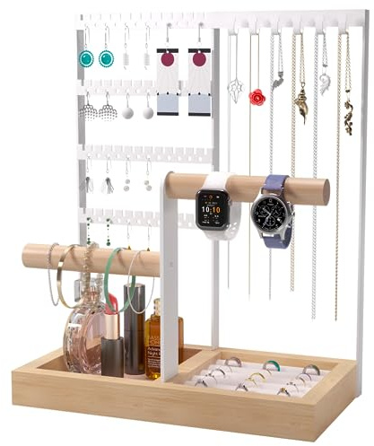 Benxdara Jewellery Stand Organiser, 4-Tier Necklace Holder Stand Display with Necklace Organizer, Wooden Ring Organizer Earring Tray for Bracelets Watches Earrings Rings, White