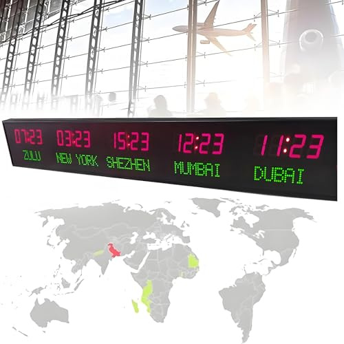 Orologio Con Fusi Orari Mondiali - Orologio Mondiale Digitale a LED - Orologio Da Parete Con Fuso Orario Mondiale - Orologio Con Fuso Orario Mondiale a 5 Città,Red+green