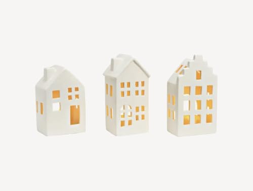 Teelichthaus aus Keramik 3 er Set, Weiß, Deko Lichthäuser, Windlicht, Weihnachten