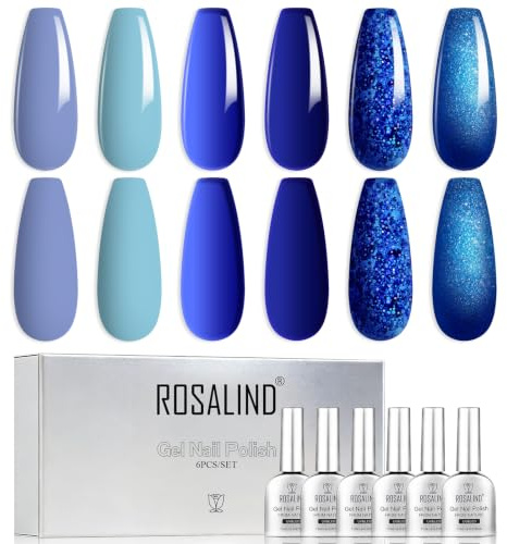 ROSALIND UV Nagellack Blau, Marineblau Dunkelblau Himmelblauer Ozean Kobaltblau Funkelnblau Gel Nagellack Set Farbgel für Gelnägel Soak Off UV Gel Nail Polish für Maniküre Nageldesign