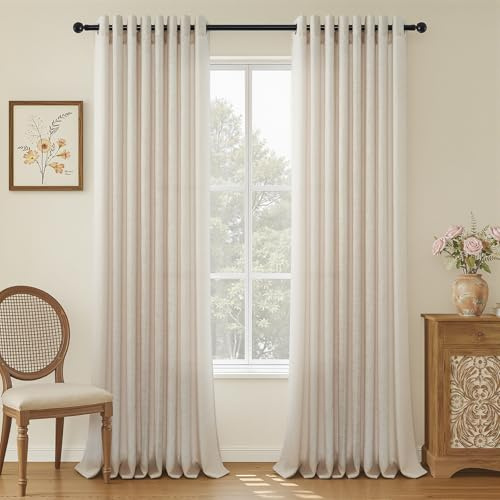 Topfinel Gardinen mit Ösen, Beige Vorhänge Wohnzimmer Vorhang Leinen 140x240cm (BxH), Halbtransparent Gardine Leinenoptik Boho für Schlafzimmer Kinderzimmer 2er Set