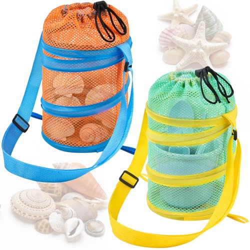 WAWSAM Kinder Strandtasche Netz 2er Set, Sandfreie Muscheltasche für Strand, Strandspielzeug Zubehör Eimerform mit Verstellbarem Schultergurt für Jungen und Mädchen （Orange und Grün）