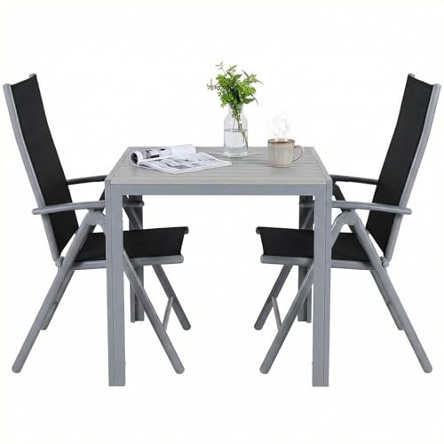 LIFERUN Balkonmöbel Set 3-Teilig, Gartenmöbel Set für 2 Personen | WPC Quadratisch & 2er Aluminium Klappbar Gartenstühle, Wetterfest & Platzsparend für Kleinen Balkon, Garten, Ganz Grau