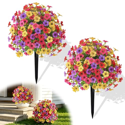 Kenmohuo 2Pcs 23 Artificial Topiary Ball Flowers Outdoor – UV Resistant Fake Plants with Ground Spike, Realistic Boxwood Violet Bushes Trees for Spring Garden, Porch, Patio & Yard Decor (Mix Colors)