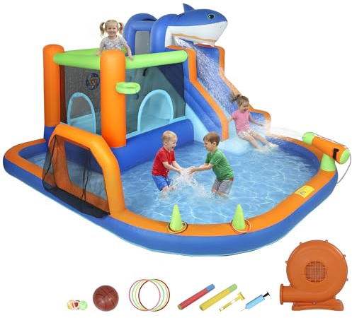 AIYAPLAY Large Inflatable Bouncy Castle for Kids, 8 in 1 Sharks Theme Jumping Bounce House with Slide, Ball Pit, Climbing Wall, Basketball Hoop and Blower for Indoor Outdoor Garden Party, Blue