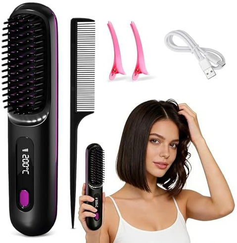 Stylingbürste für kurze haare, 3 Temperaturstufen, Neu Tragbare Glättungsbürste, Schnellaufheizung, USB Wiederaufladbar, für Reisen und Täglichen für Damen Mädchen(Schwarz)