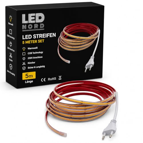 LED Nord COB LED Streifen 230V 5m Warmweiß 3000K, dimmbarer LED Lichtstreifen IP67, 10W/m, bis 1100 lm/m, schneidbar alle 12,5 cm, selbstklebend, für innen und außen