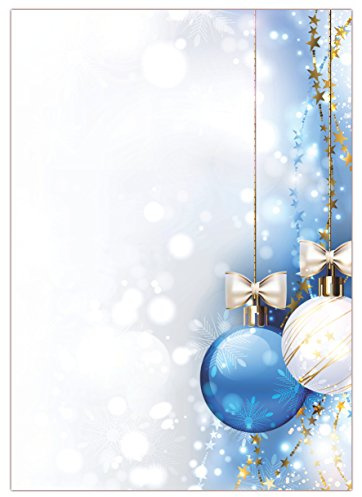 Motiv Briefpapier (Weihnachten-5050, DIN A4, 25 Blatt). Einseitig bedrucktes Briefpapier, sehr gut beschreibbar, für alle Drucker/Kopierer geeignet, Motivpapier mit weißer und blauer Kugel und goldenen Sternen Lametta Schneekristalle